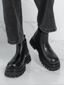 Men's Round Toe Thick Sole Height Increasing Chelsea Winter Boots, Comfortable and Stylish Ankle Booties for Casual Wear Platform Boots
