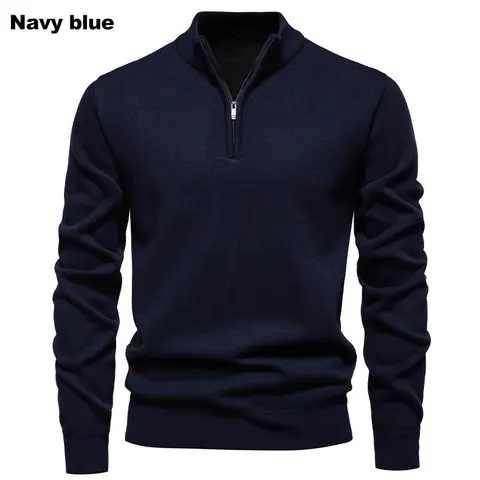 Men's Quarter-Zip Mock Neck Knit Sweater, Autumn Winter Long-Sleeve Slim-Fit Lightweight Casual Polyester Pullover with Zipper Detail