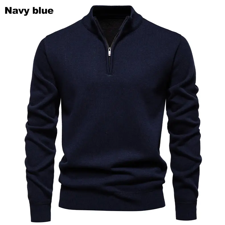 Men's Quarter-Zip Mock Neck Knit Sweater, Autumn Winter Long-Sleeve Slim-Fit Lightweight Casual Polyester Pullover with Zipper Detail
