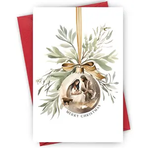 PC Religious Christmas Greeting Card, Nativity Ornament with Greenery Design, "Merry Christmas" Card for Christian Community, Ideal for Spiritual Holiday Season Wishes