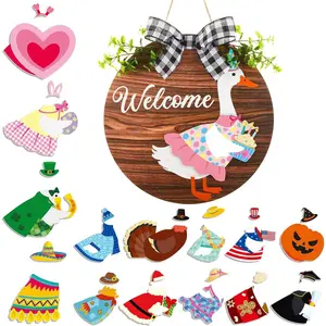 Easter Goose Sign for Front Door 16pcs Interchangeable Goose Sign Say Welcome Cute Goose Wooden Sign for Seasonal Holiday Changeable Welcome Decoration for Door Hanger Farmhouse Porch Geese Outdoor, Easter Gift for Goose Lovers