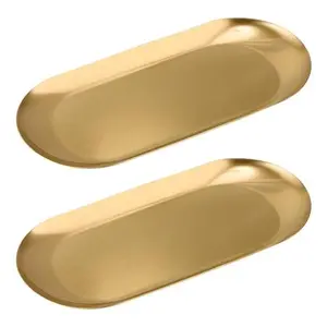 Vaincre Gold Decorative Jewelry Tray - 2PCS Stainless Steel Oval Trinket Ring Holder Dish, 7” Small Bathroom Vanity Kitchen Jewelry Plate Tray Decor for Storing Perfumes, Cosmetics, Candles, Key