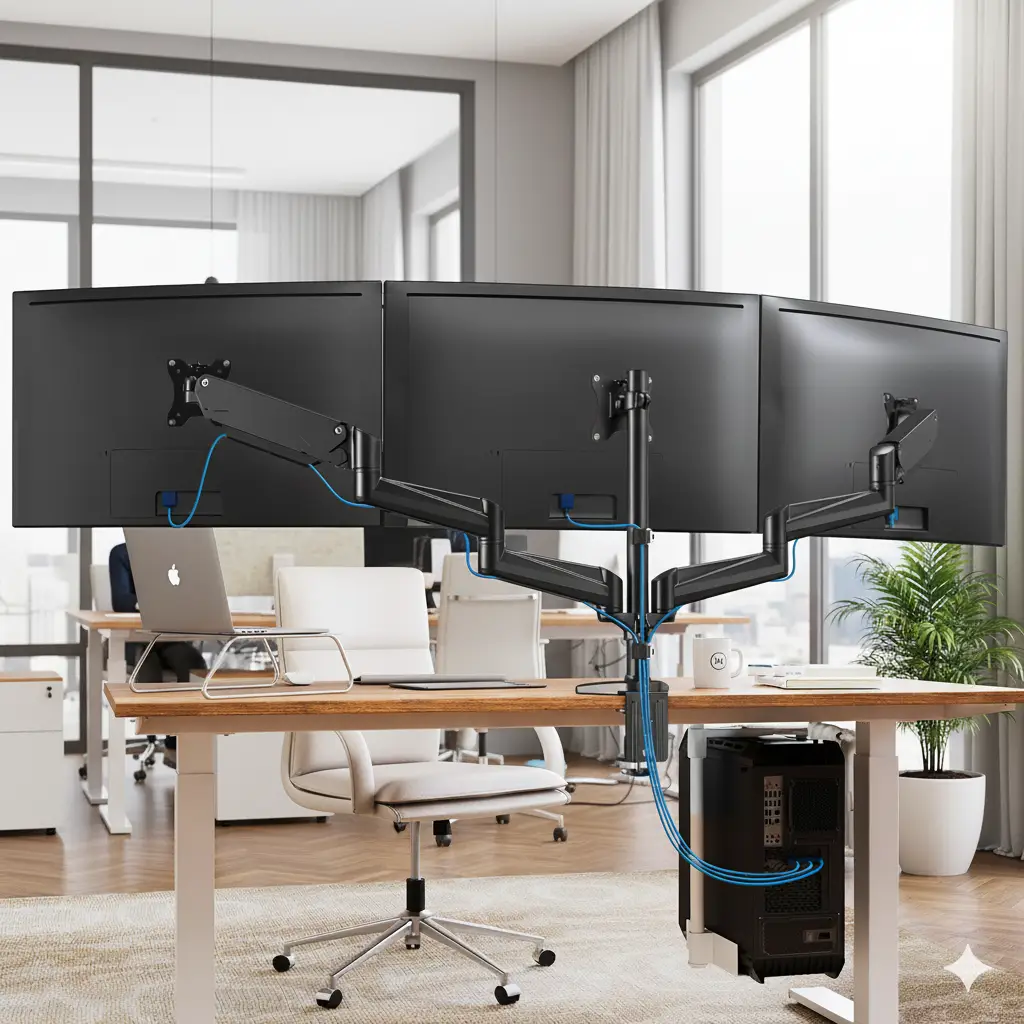 HUANUO Triple Monitor Mount for 17'' to 32'' Screens, Gas Springs Adjustment Triple Monitor Stand with Swivel, Tilt, Rotation, Clamp & Grommet