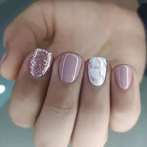 24pcs short square blue style matching glitter design manicure with nail file double-sided tape, Glittering Fake Nails