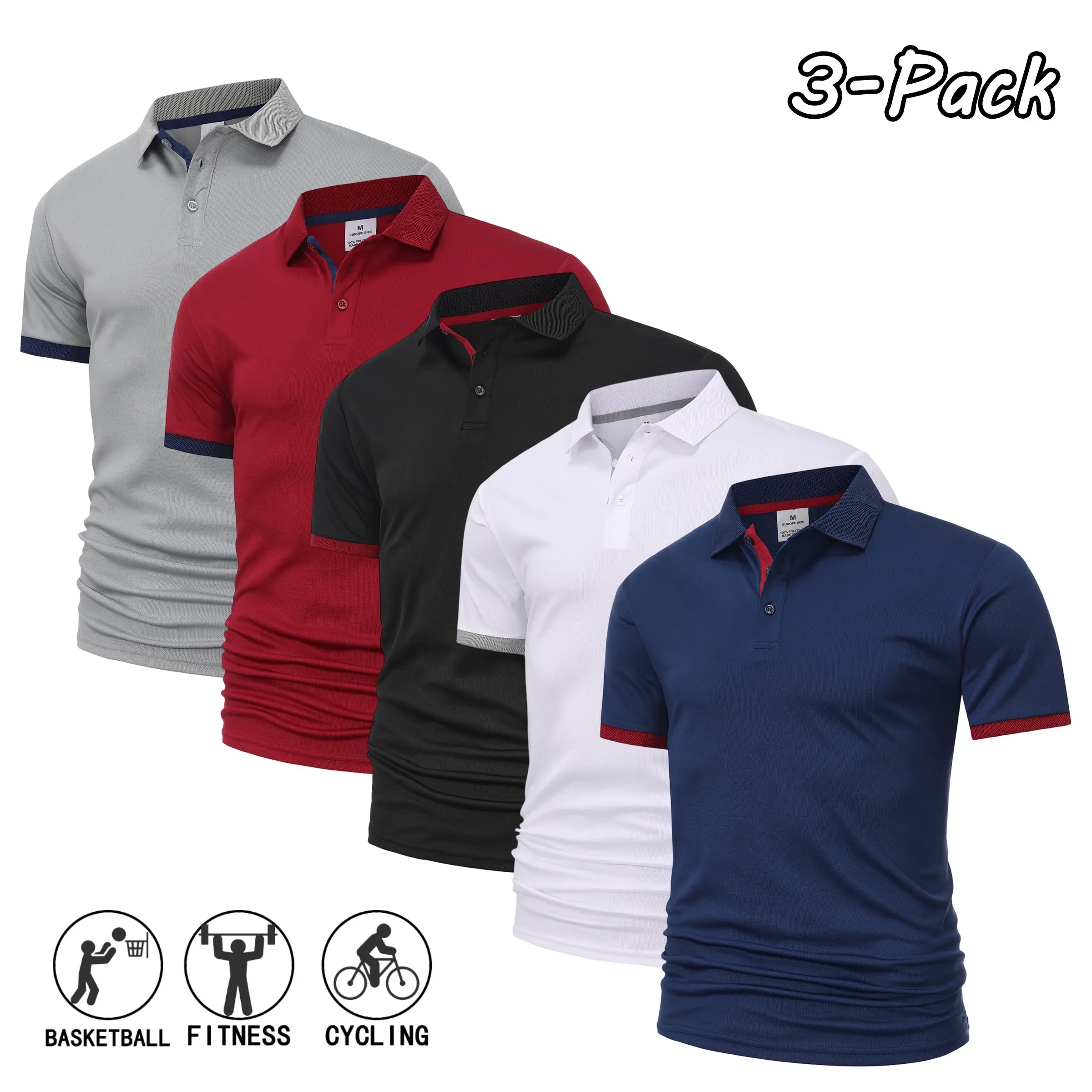 Menswear Men's 3-Pack Summer Casual Polo Shirts - Solid-Color, Minimalist Design, Turn-Down Collar, Short Sleeves, Versatile for Outdoor Sports, Everyday Wear