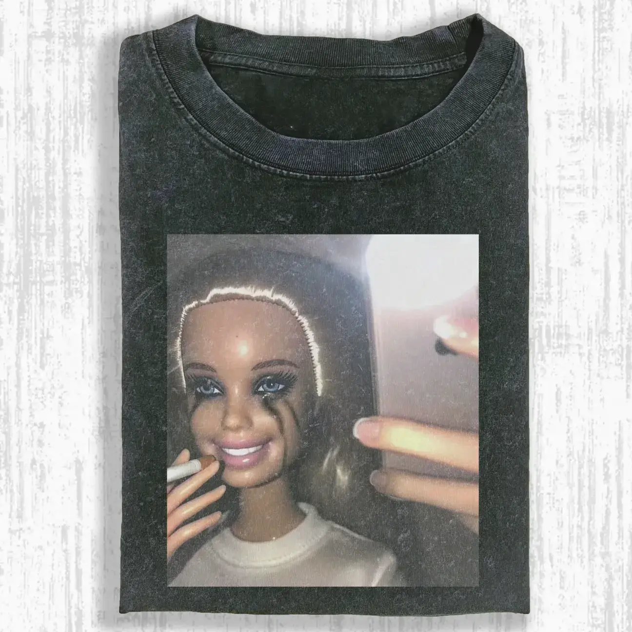 Smoking Doll Selfie T-Shirt, Crying Doll Meme Shirt, Funny Doll Graphic Tee, Vintage Doll Shirt, Quirky Meme T-Shirt, Smoking Doll Selfie Tee