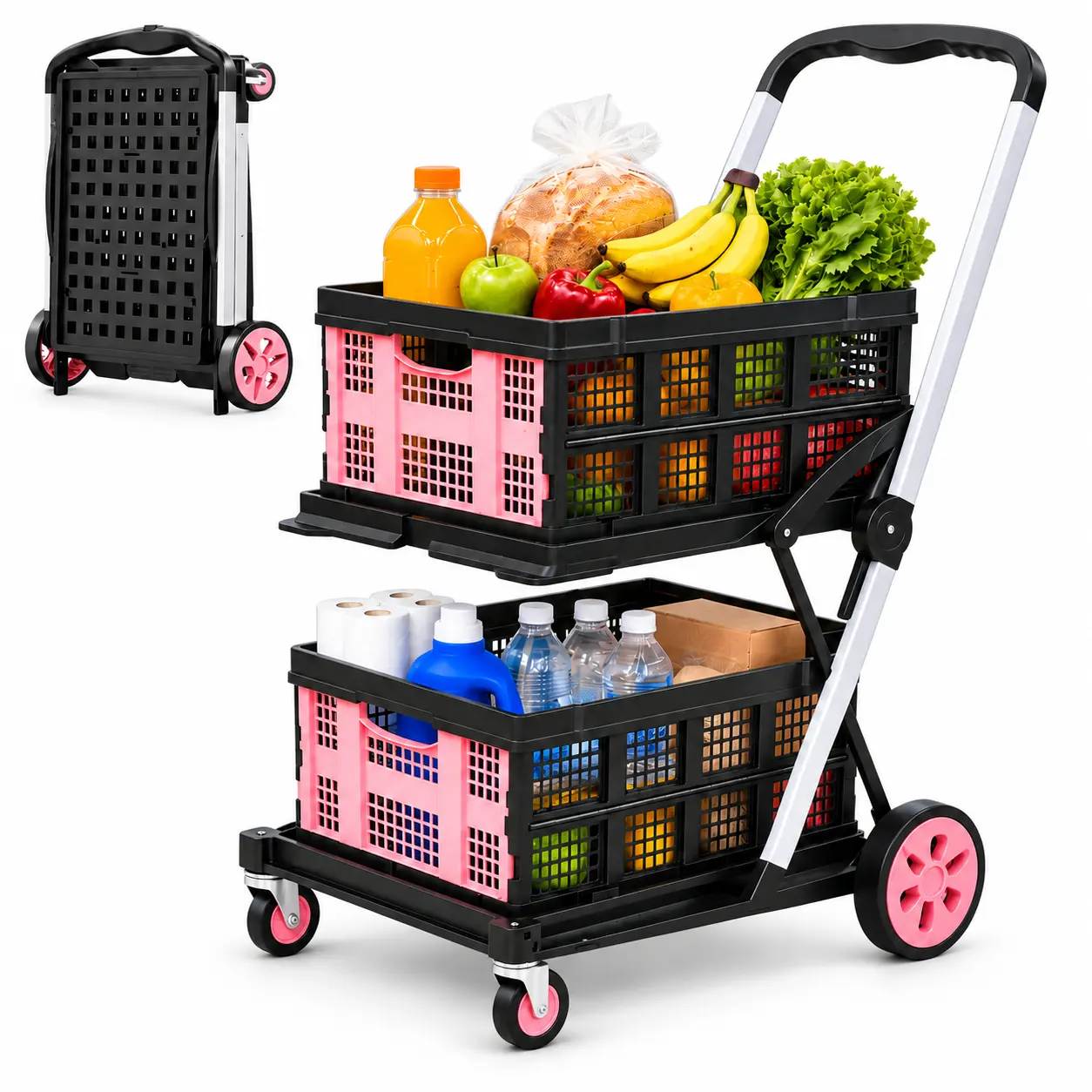 Foldable Shopping Cart, 2 Large Removable Baskets, Hand Pull Grocery Cart, Can Be Stored Directly in the Car Trunk After Folding, Perfect for Supermarket Shopping, Home Storage, Outdoor & Camping. Great as a Gift. Pink Foldable Shopping Cart