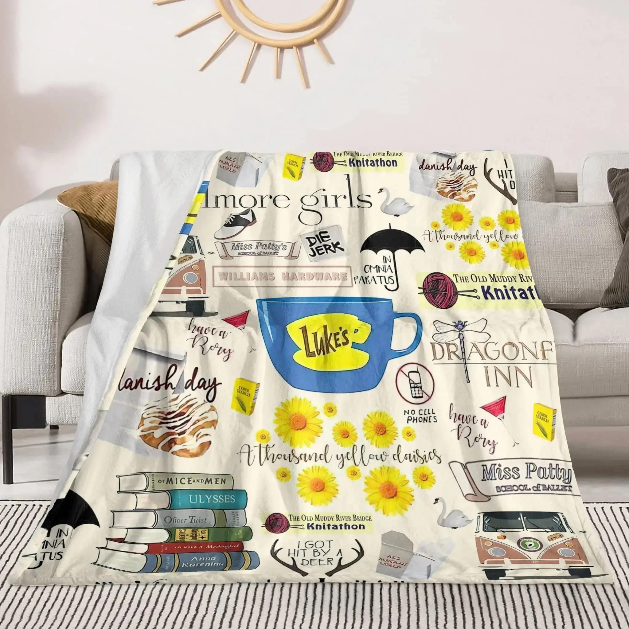 Flannel Throw Blanket Retro Town Coffee Cottage Art Decor, Vintage Warm Neutral Tone Cozy Gift For Book & Coffee Lovers All Season