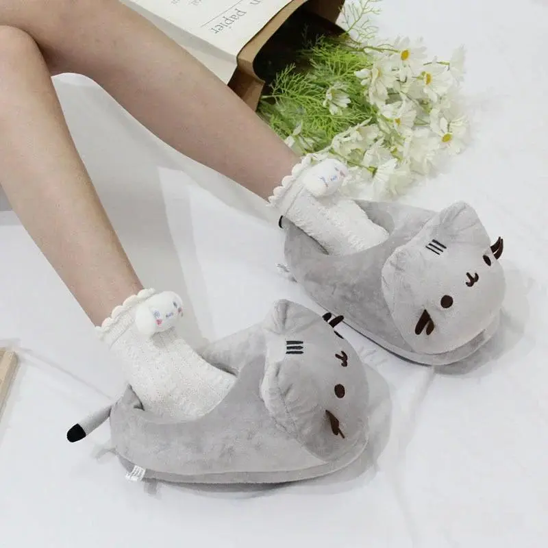 Cartoon Full-Covered Cat Slippers - Warm Winter Plush Shoe, Soft Indoor Anime Doll Slides for Women, Bedroom Home Use