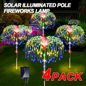 4pcs Solar Illuminated LED Fireworks Lights - 8 Modes, Stainless Steel Pole with Light Sensor for Garden, Lawn, Pathway, Wedding & Commercial Lighting (Warm White/Multicolor), Solar Outdoor Lights
