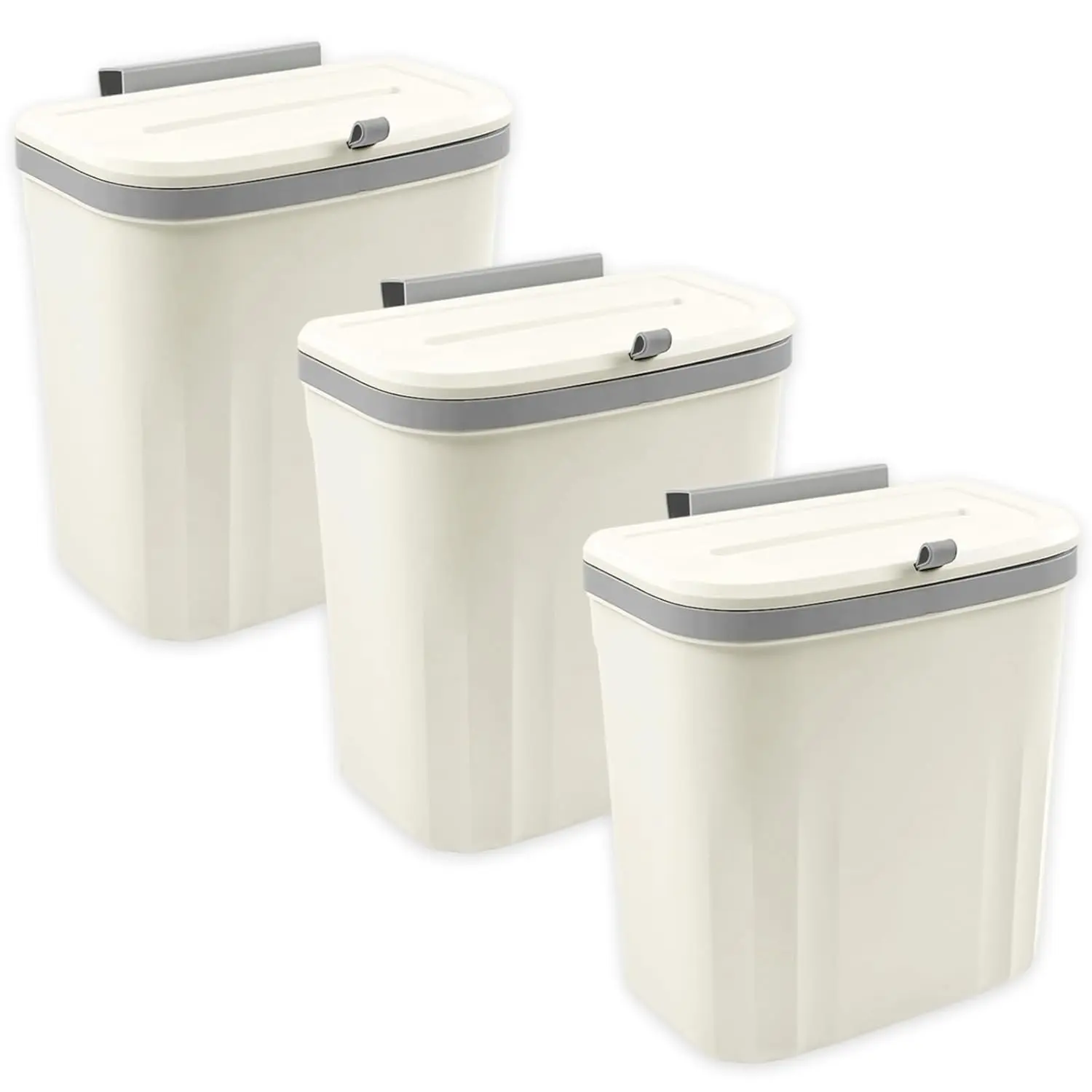 3 Pack Hanging Trash Can with Lid  10L/2.6 Kitchen Compost Bin for Counter Top or Under Sink Small Plastic Waste Basket Wall Mounted Garbage Cupboard/Bathroom/Bedroom/Office/Camping (White)