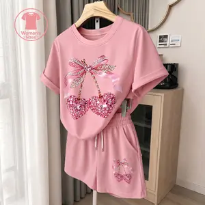 Women’s Pink Heart Cherry Print 2 Piece Shorts Set, Casual Short Sleeve T Shirt and Elastic Waist Shorts Matching Outfit, Sweet Bow Graphic Summer Lounge Set for Vacation, Weekend Wear and Everyday Comfort