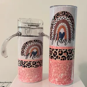 20oz Mama/mini pink cheetah rainbow tumbler set