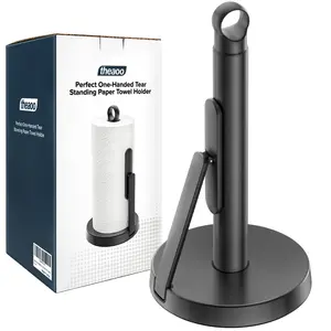 theaoo Heavy-Duty Stainless Steel Paper Towel Holder with Tension Arm – Easy One-Handed Tear, Modern Standing Countertop Dispenser for Kitchen, Holds All Paper Towel Rolls