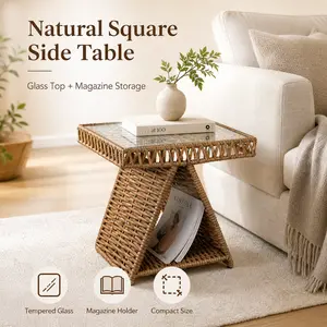Natural Square Coffee Table with Tempered Glass Top & Magazine Holder – Compact End Table for Living Room, Bedroom & Small Spaces