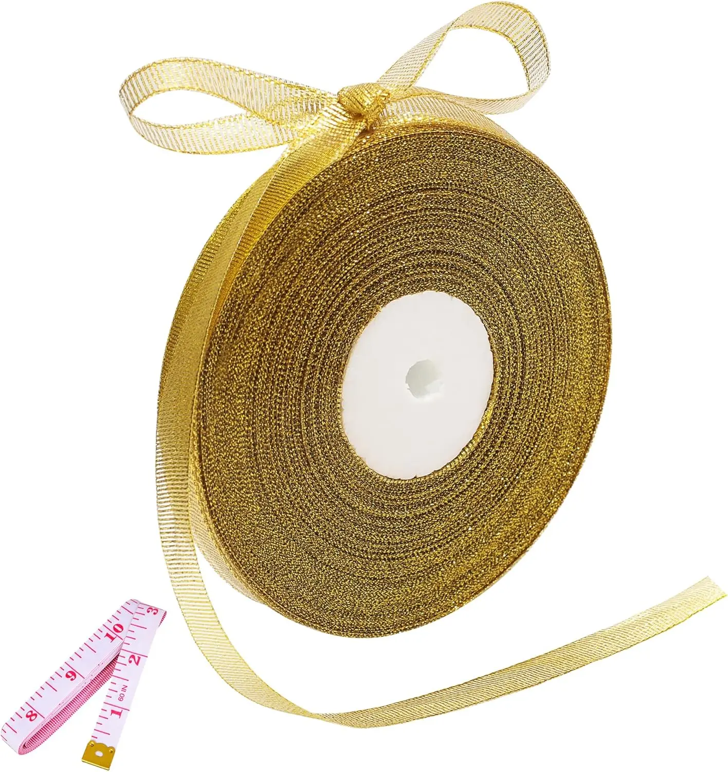 50 Yards Gold Glitter Ribbon 3/8 Inch, Sparkly Thin Solid Fabric Ribbon for Gift Wrapping, Crafts, Holiday Wedding Birthday Party Decoration Floral Bouquet