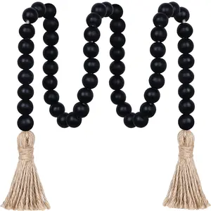 39 inch Wood Bead Garland Farmhouse with Tassels,Versatile Prayer Beads Boho Chic Wall Hanging Home Decor