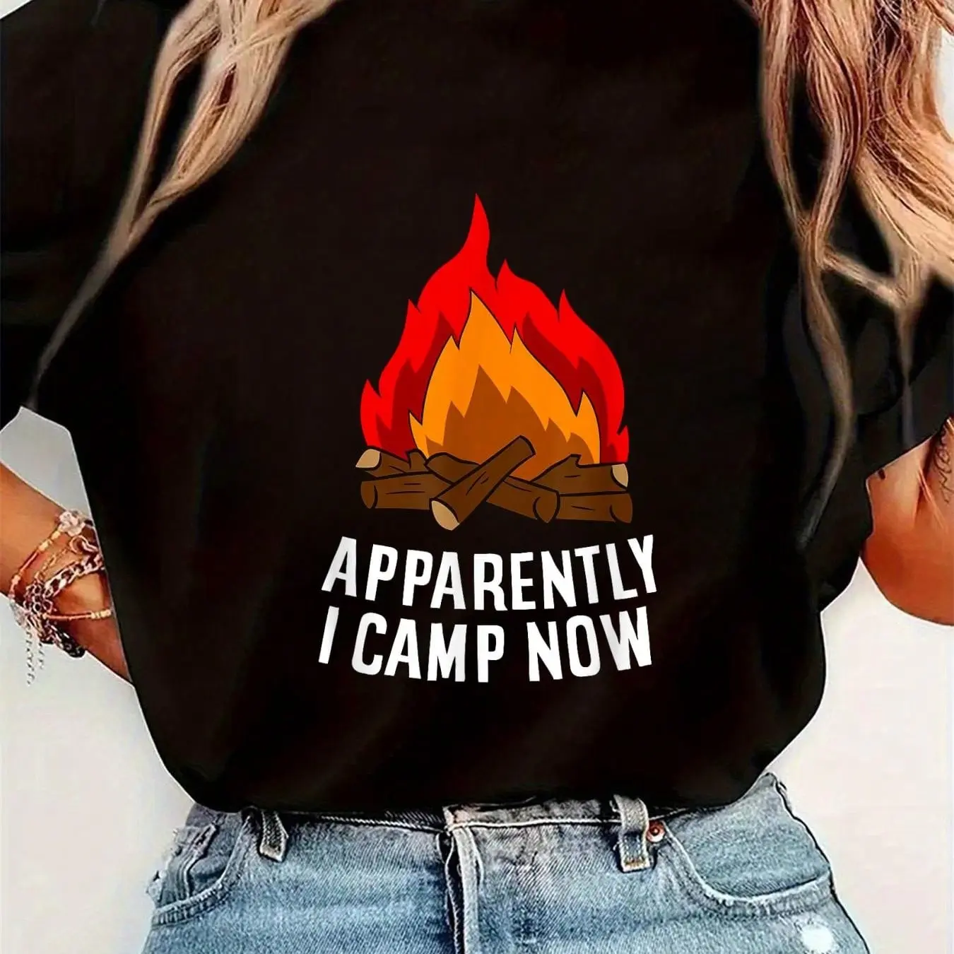 Women's Round Neck Short Sleeve Casual T-Shirt, Funny "Apparently I Camp Now First Time Camper" Graphic Tee, Comfortable Lightweight 1-Piece Fashion Top