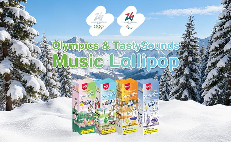 【Official Licensed Product】AMOS Winter Olympics Musical Singing Lollipop – No Sugar, Gluten-Free, Assorted Flavors (Vanilla, Orange, Peach, Grape), Individually Wrapped Sport-Inspired Novelty Musical Candy for Parties & Gifts Snack