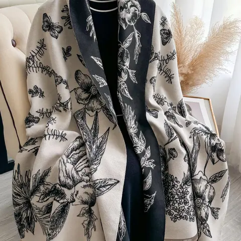 Women's Floral Print Double Sided Shawl, Floral Pattern Shawl, Casual Soft Scarf, Boho Floral Scarves, Elegant Boho Style Casual Warm Long Scarf for Fall & Winter, Fashion Accessories for Daily Wear