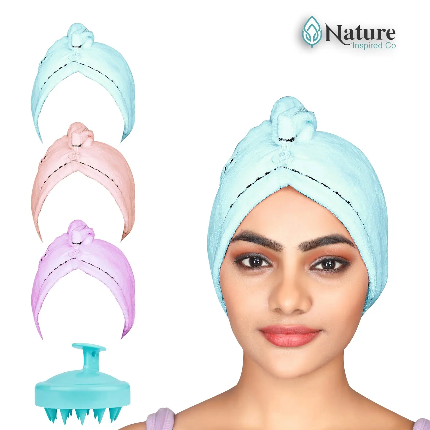 Nature Inspired Co Microfiber Hair Towel for Women, 3 Packs Hair Turbans for Wet Hair with 1 Scalp Massager Shampoo Brush, Drying Hair Wrap Towels for all Hair Types, Ultra Soft and Absorbent (Blue, Purple, Pink) Household Shower