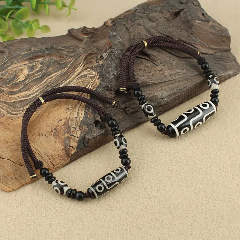 Natural Tibetan Agate Nine-Eyed Dzi Bead Bracelet for Men, Adjustable Hand-Woven Rope Bracelet for Women, Vintage Ethnic Style Jewelry