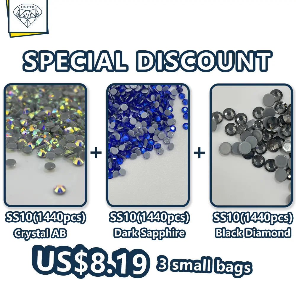 ASFA Hot Fix Rhinestones Set - SS10 Size, 1440pcs, Black Diamond Dark Sapphire Crystal AB Mix, Chic Fashion Accessory Sets for Clothing Embellishments