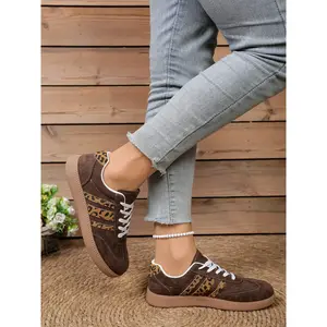 Women's Leopard Print Lace-Up Sports Shoes, Comfortable Breathable Walking and Training Sneakers, Multifunctional Retro Style, Trendy Walking Sneaker