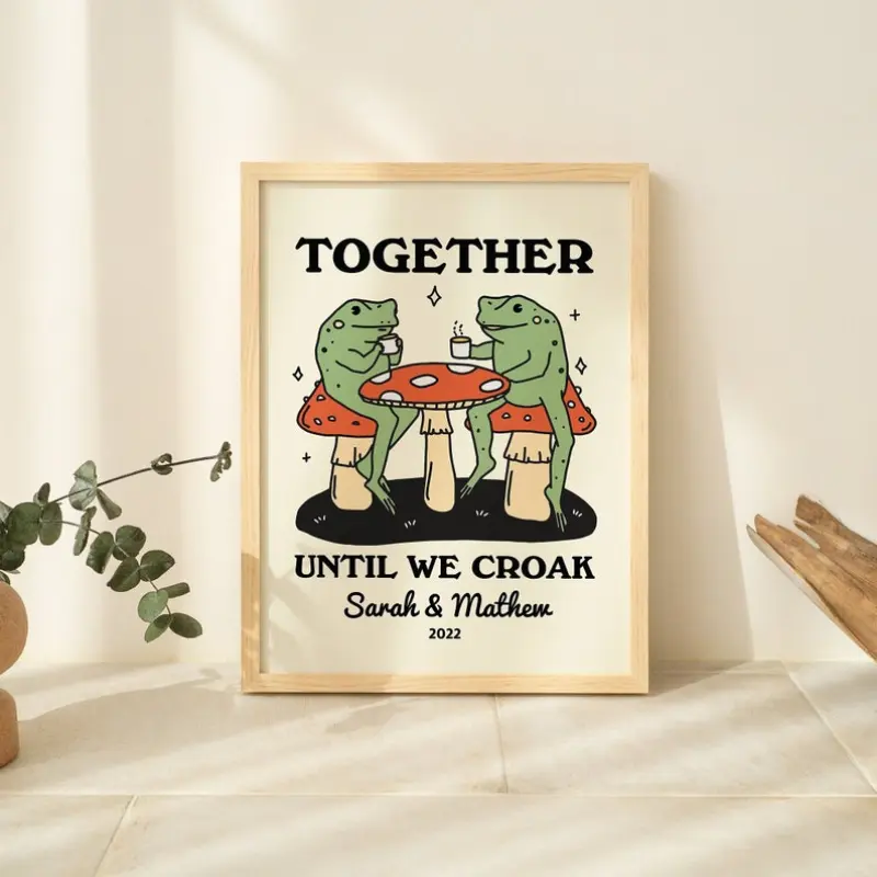Custom Coffee Frog Print, Personalised Couples Gift, Retro Mushroom Illustration, Anniversary Gift Idea - no frame