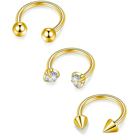 3pcs 18k Plated Stainless Steel Septum Rings 16g, Zirconia Nose Septum Ring, Round Ball Horseshoe Nose Hoop 8mm 10mm, Hinged Nose Hoop, Hypoallergenic Piercing Jewelry, Nose Rings Set, Nose Rings Hoops