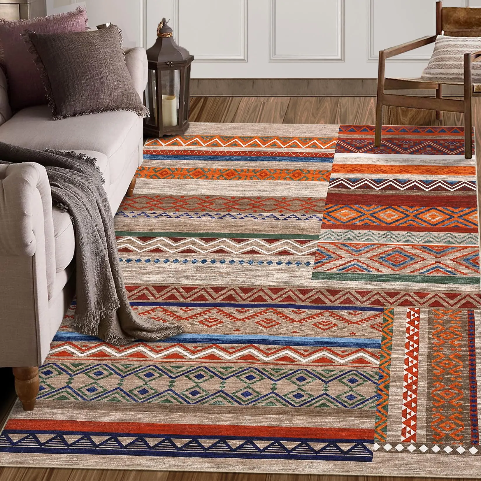 Garvee Washable Rugs 5x7 Distressed Vintage Rug for Living Room Tribal Geometric Area Rug for Bedroom Patchwork Office Carpet Low Pile Neutral Soft Nursery Rug Non Slip Green