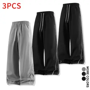 3-Pack Wide-Leg Athletic Sweatpants with Side Stripes, Drawstring Elastic Waist, Loose Casual Pants — Versatile Straight-Cut Style for Daily Wear, Commuting, Workouts, and Home Use fathersdaygift