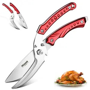 Huusk Heavy Duty Detachable Kitchen Scissors - Serrated Edge Poultry Shears for Chicken, Turkey, Fish Bone - All-Purpose Burgundy Cooking Scissors