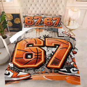 3-Piece Basketball Pattern Bedding Set, Includes 1 Quilt and 1 or 2 Pillowcases Without Pillows, Soft Kids and Adult Bedroom Gift