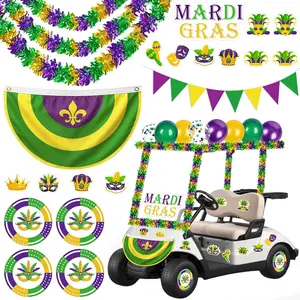 33 count Mardi Gras Golf Cart Float Parade Decorations Kit -  Green  Bunting Burlap Flag Tinsel Garlands Banner Balloons for Carnival Party Decor