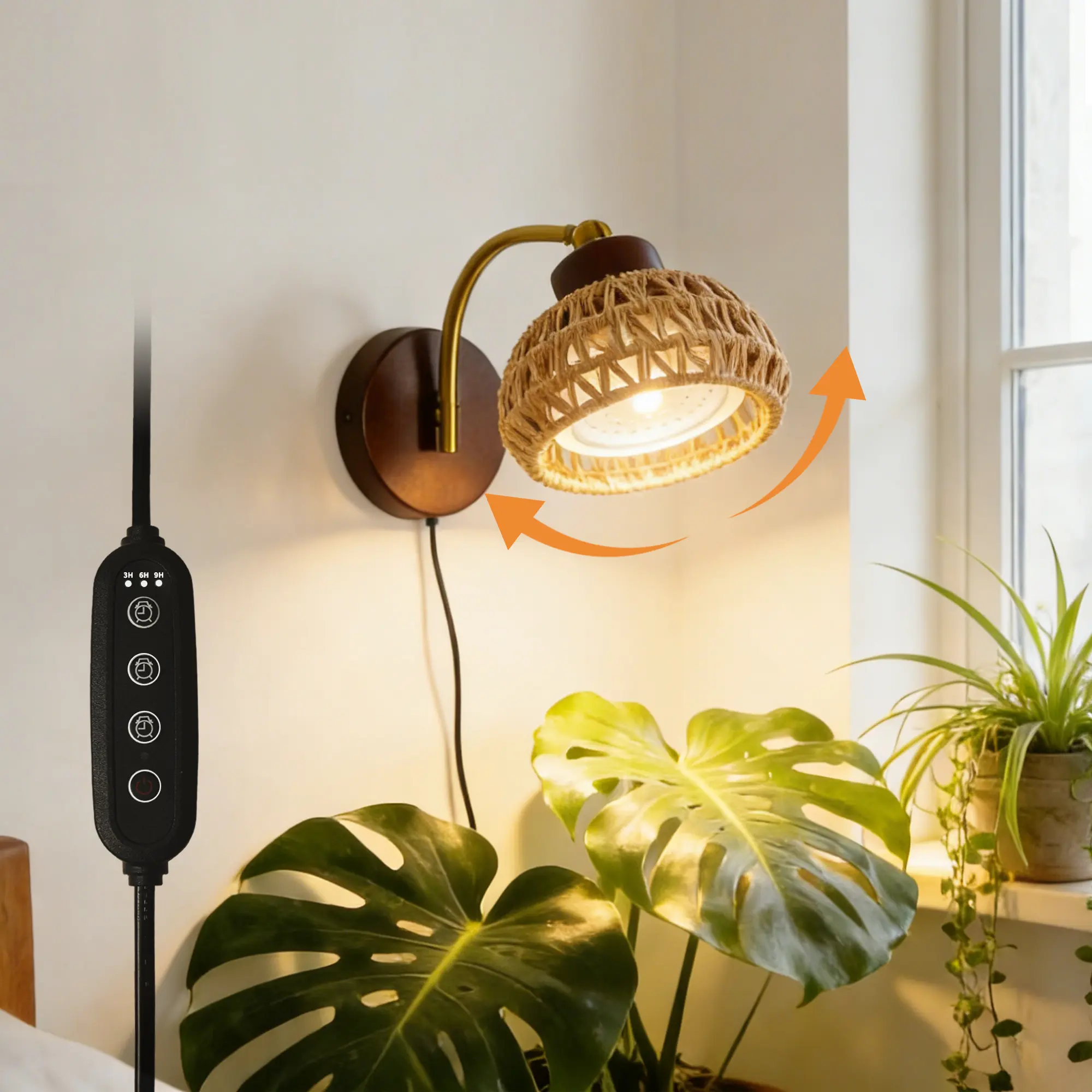Adjustable LEDs Rattan Wood Wall Sconce Plant Grow Light - Full Spectrum Plug-in Swivel Boho Wall Lamp with Cord Organizer for Indoor Plants, Greenhouses & Seed Starters, Home Decor