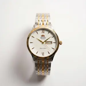 Men's Orient Classic Automatic Mechanical Watch - 2-Tone Gold/Silver Stainless Steel Bracelet, White/Black Honeycomb Textured Dial, Day & Date Window, Roman Numerals, Waterproof Business Dress Wristwatch Gift