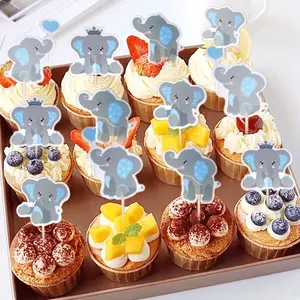 24Pcs Elephant Cake Toppers, Baby Shower Birthday Cupcake Picks Decor Cute Elephant Party Favors Supplies