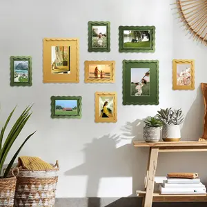 5x7 Picture Frame with Mat for 4x6, Wavy Edge Wooden Real Glass Photo Frame for Tabletop and Wall Hanging, Green, 1 Pack