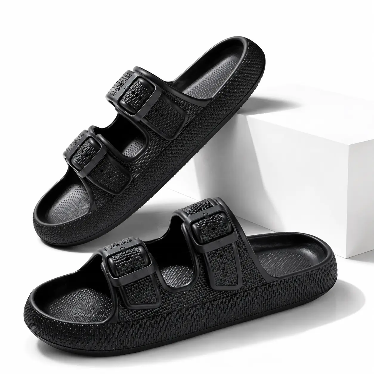 Unisex Thick-Sole Pillow Slides, Adjustable Double-Strap Flipflop for Summer Beach, Indoor Bathroom Use (Sports Slide Sandals)