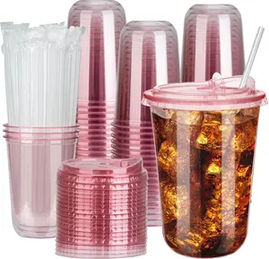 100 Sets 16oz Disposable Stemless Plastic Cups with Strawless Sip , Clear PET Coffee Cups for Iced Coffee, Smoothies, Cold Drinks, Halloween, Christmas, Party and Drink Shop Supplies ( (16oz))