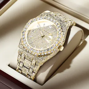 Men's 42mm Waterproof Iced Out Gold Jewelry Watch, Full CZ Hip Hop Bling Diamond Bustdown Luxury Watch, Gift for Men