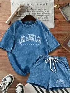 Y2K Summer New American Retro Tie Dye Round Neck Loose Fit T-Shirt, Casual Short Pants Set, Los Angeles Letter Print, Unisex