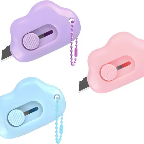 3-Pack Adorable Cloud Design Durable Stainless Steel Retractable Letter Opener Box Cutters with Key Rings, 2.2*1.5 in Office Gadgets with Safety Blade for Home Office Cutting Supplies