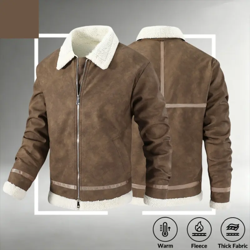 Men’s vintage jacket with a notched lapel collar and sherpa fleece lining; American motorcycle-style suede-like outer layer with zipper front and side pockets; plush cuffs for autumn/winter everyday commuting and casual outings.