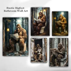 Funny Bigfoot bathroom unframed poster, Vintage Sasquatch Toilet Print, Rustic Cabin Woodland Humor Decor for Man Cave Restroom, Gift for Him Father's Day