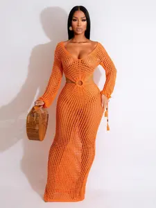 Women's Solid Cut Out Sweater Dress, Sexy Longsleeves Dress for Beach Holiday Vacation, Ladies Formal Wear Clothes for Summer, Evening Formal Dress, Womenswear