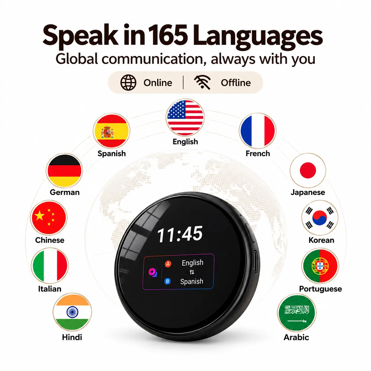 ZNP Z06 Intelligent Translator & Language Learning Device - 165 Languages Bidirectional Tool with AI Voice Clone, Magnetic Suction-Hanging Rope Dual Design, LED Screen, PVC Shell for Skill Enhancement