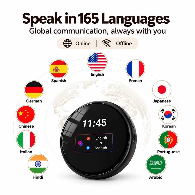 ZNP Z06 Intelligent Translator & Language Learning Device - 165 Languages Bidirectional Tool with AI Voice Clone, Magnetic Suction-Hanging Rope Dual Design, LED Screen, PVC Shell for Skill Enhancement