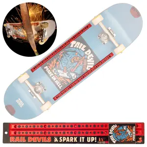 Rail Devils sparking skateboard deck rails by The ORIGINAL Tail Devil - 28 cylinder flints, two 14.25 inch rails, installs with wood mounting screws, Made in Hell